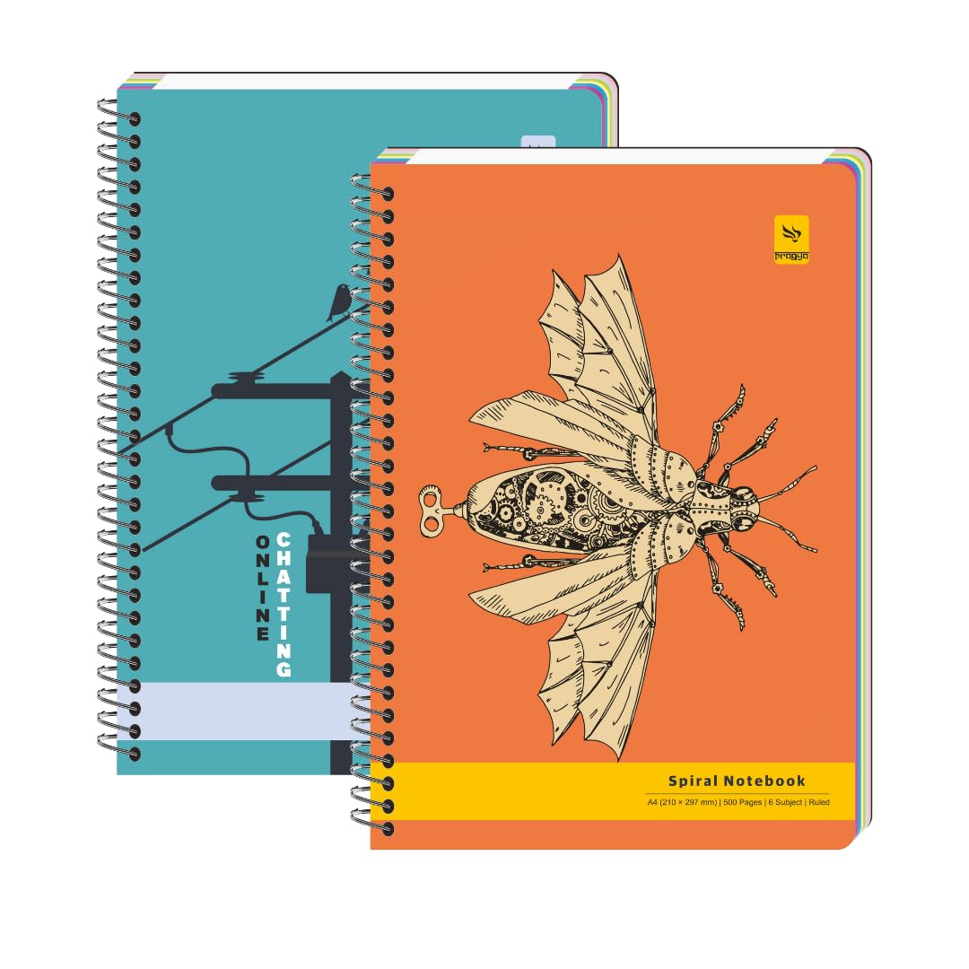 PRAGYA Spiral Multi Subject Notebook | Colour Coded Plain/Single Ruled Pages Notebook Spiral | A4 (21x29.7 CM) | 600 GSM Cover